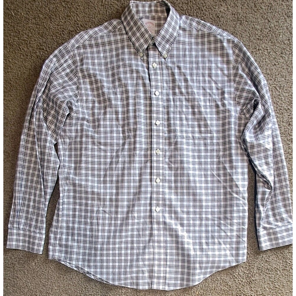 Brooks Brothers 346 Dress Shirt Men's Large Brown Plaid Button Up Collared